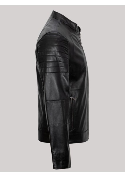 Hakiki Deri Siyah Üç Cepli Omuz Işlemeli Erkek Deri Ceket modelleri