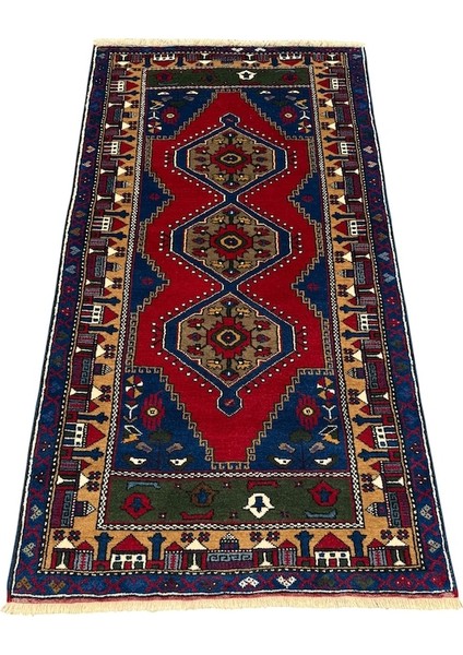 El Dokuma Sıfır Yahyalı Halısı 106X195 Kırmızı Mavi Kök Boya Halı