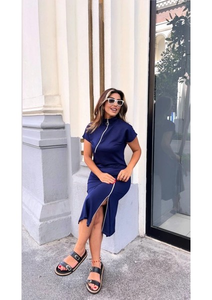 Kadın Kısa Kollu Yakadan ve Etekten Fermuarlı Midi Viskon Iki Iplik Elbise fiyatları