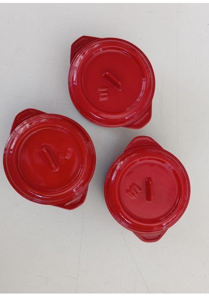 Döküm 12 cm 3 Lü Yuvarlak Set Güveç Tencere Kırmızı