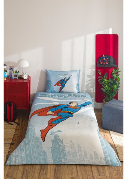 Superman Hero Tek Kişilik Lisanslı Lastikli Çarşaf Çocuk Nevresim Takımı