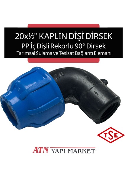 20X½'' Kaplin Dişi Dirsek – Iç Dişli Rekorlu 90° Dirsek – Pp Plastik Su Borusu Ek Parçası – Tarımsal Sulama ve Tesisat Bağlantı Elemanı