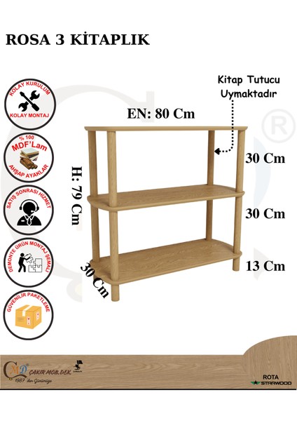 ROSA 3 Raflı Kitaplık – 80 cm Genişlik | Minimalist MDF Lam ve Ahşap Ayaklı Çok Amaçlı Raflı Dolap