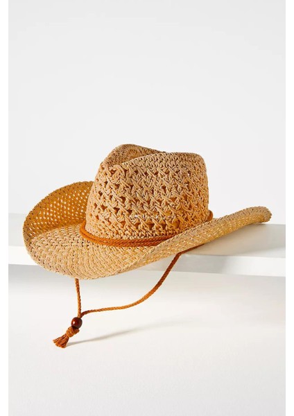 Kadın Nefes Alan Ipli Premium Hasır Kovboy Şapka - Camel