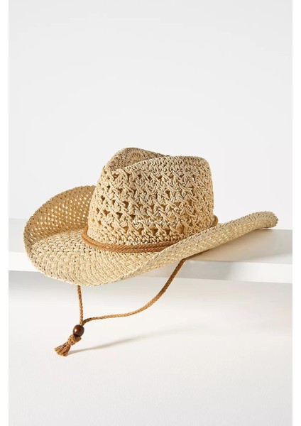 Kadın Nefes Alan Ipli Premium Hasır Kovboy Şapka - Bej