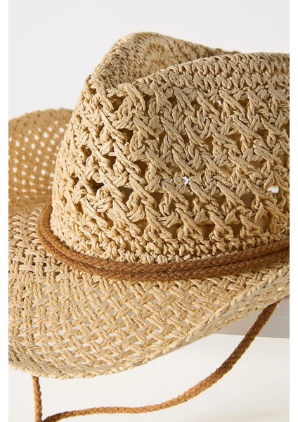 Kadın Nefes Alan Ipli Premium Hasır Kovboy Şapka - Bej modelleri