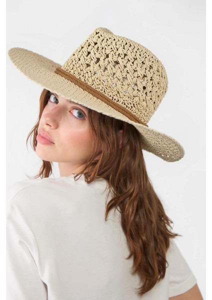 Kadın Nefes Alan Ipli Premium Hasır Kovboy Şapka - Bej fırsatları