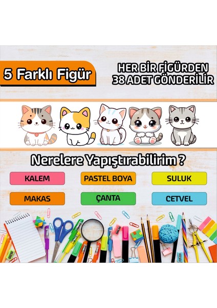 Okul Etiketi Isme Özel Kalem Defter Etiketi Sevimli Kedi Temalı 190 Adet fiyatları