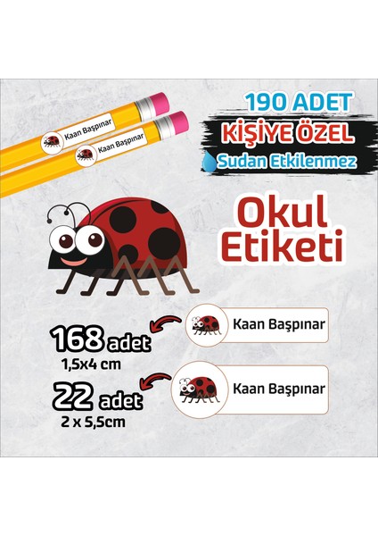 Okul Etiketi Isme Özel Kalem Defter Etiketi Uğur Böceği Temalı 190 Adet