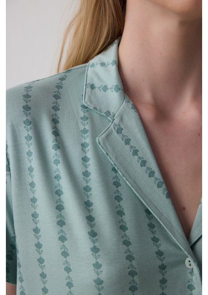 Mint Yeşili Lenna Çizgili Gömlek Yaka Pijama Takımı modelleri
