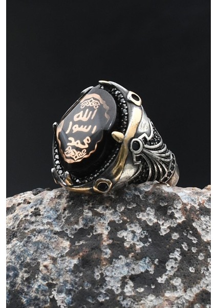 Mührü Şerif 925 Ayar Gümüş Yüzük Sıkma Kehribar Taşlı 902004