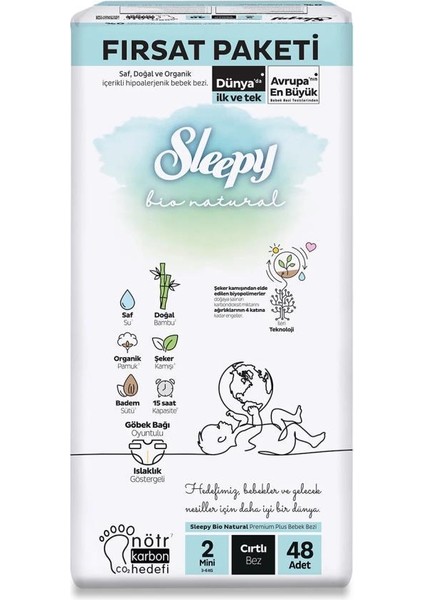 Nessiworld Sleepy Bio Natural Bebek Bezi Fırsat Paketi 2 Beden 48 Adet