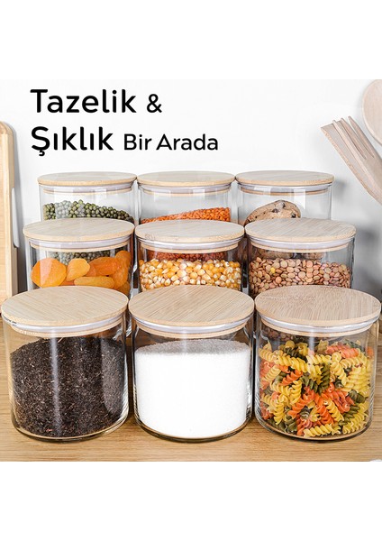 9'lu Bambu Kapak Cam Saklama Kabı - Bakliyat Erzak Kavanozu Vakum Kapaklı Cam Kavanoz Seti 680 ml fiyatları
