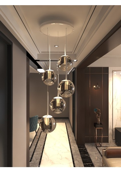 Vega Sarkıt Top Avize Füme Rengi 5’li Glop Camlı, Beyaz Dayanıklı Kasa Modern Şık Tasarım Avize