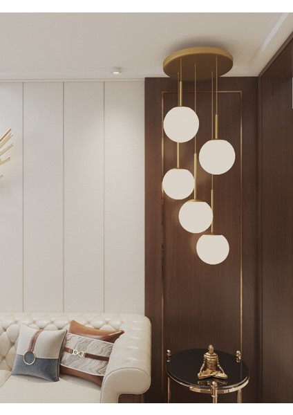 Vega Sarkıt Top Avize Beyaz Renk 5’li Glop Camlı, Eskitme Dayanıklı Kasa Modern Şık Tasarım Avize