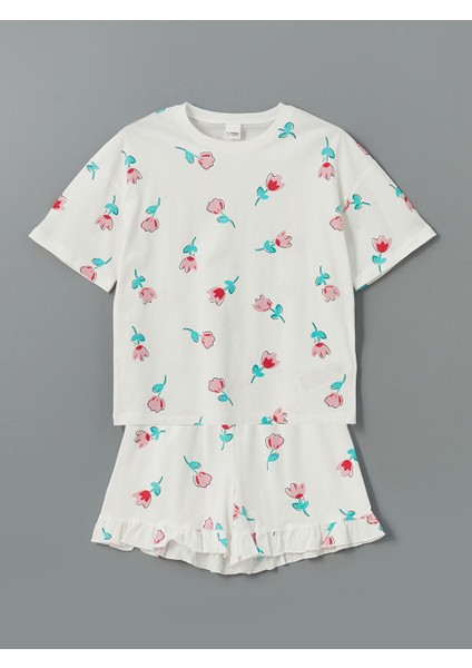 Yeni Sezon Bisiklet Yaka Cicekli Kiz Cocuk Sortlu Pijama Takimi - S5FL08Z4