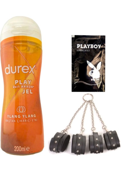 Play 2si1 Arada Ylang Ylang Baştan Çıkartmaya & Kayganlaştırmaya Jel 200 ml + Siyah Deri El ve Ayak Kelepçesi + Hediye