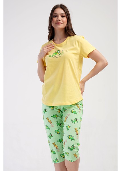 Pamuklu Kadın Kısa Kol Kaprili Pijama Takım , 409070