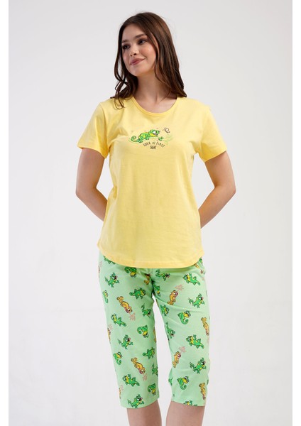 Pamuklu Kadın Kısa Kol Kaprili Pijama Takım , 409070