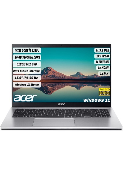Aspire3 Intel Core I5-1235U 20GB 512GB SSD 15,6" Fullhd IPS WINDOWS11 Laptop NX.K6TEY.002+205