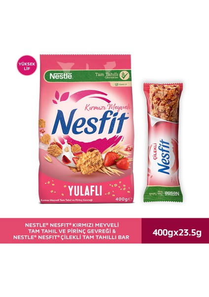 Nestle Nesfıt Kırmızı Meyveli Tam Tahıl ve Pirinç Gevreği 400 gr & Çilekli Tam Tahıllı Bar 16x23,5gr