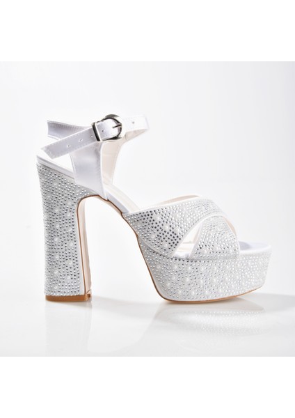 Ek Merve 7525 Kadın Taşlı Kalın Platform Topuklu Ayakkabı