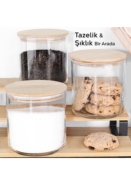 3'lü Bambu Kapak Cam Saklama Kabı - Bakliyat Erzak Kavanozu Vakum Kapaklı Cam Kavanoz Seti 680 ml fiyatları