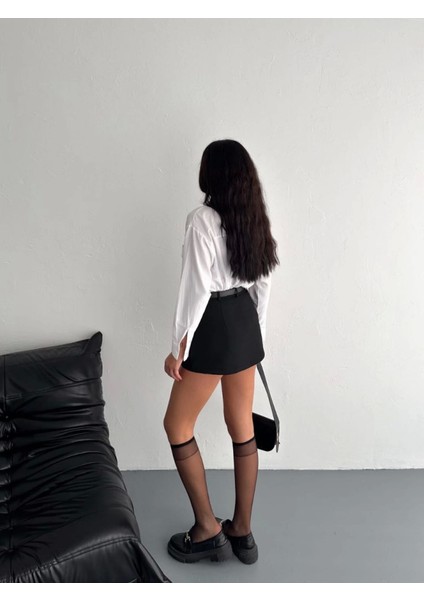 Yeni Sezon Konfor Modeli Siyah Örme Kumaş Pamuklu Yüksek Bel Cep Detaylı Mini Şort Etek Kloş Etek
