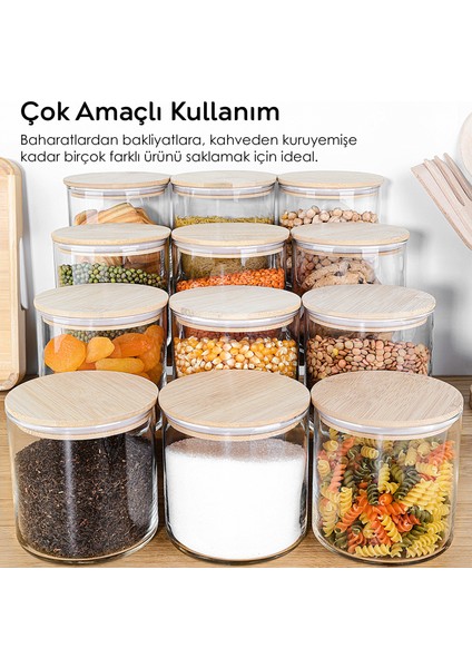 12'li Bambu Kapak Cam Saklama Kabı - Bakliyat Erzak Kavanozu Vakum Kapaklı Cam Kavanoz Seti 680 ml fiyatları
