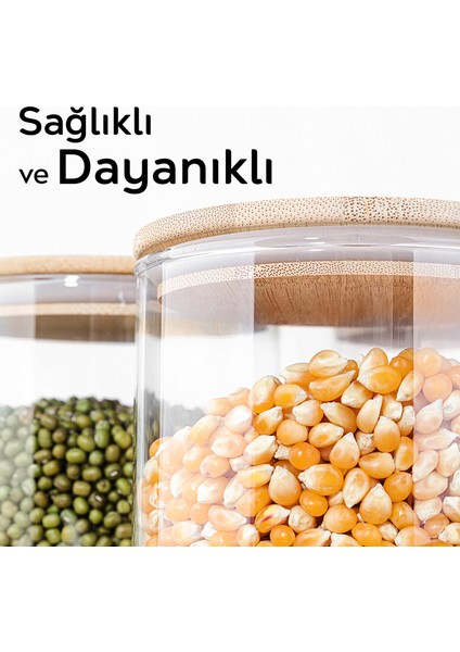12'li Bambu Kapak Cam Saklama Kabı - Bakliyat Erzak Kavanozu Vakum Kapaklı Cam Kavanoz Seti 680 ml