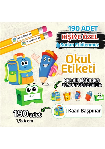 Okul Etiketi Kişiye Özel Kalem Defter Etiketi 190 Adet