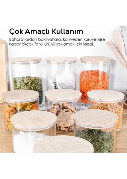 9'lu Bambu Kapaklı Cam Saklama Kabı Seti - Etiketli Vakum Kapak Bakliyat Kavanozu 3X(535-680-1050)ML fiyatları