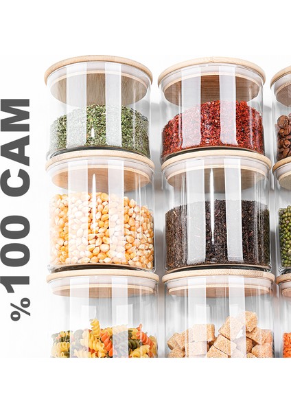 9'lu Bambu Kapaklı Cam Saklama Kabı Seti - Etiketli Vakum Kapak Bakliyat Kavanozu 3X(535-680-1050)ML modelleri