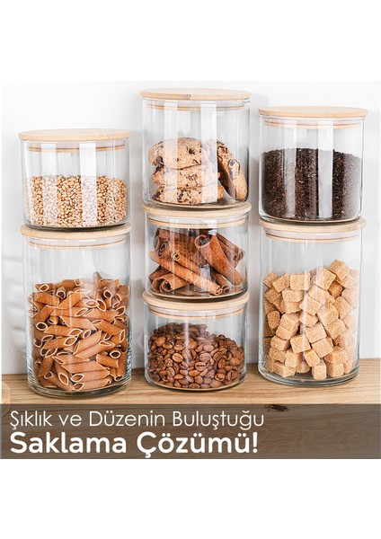 9'lu Bambu Kapaklı Cam Saklama Kabı Seti - Etiketli Vakum Kapak Bakliyat Kavanozu 3X(535-680-1050)ML fırsatları