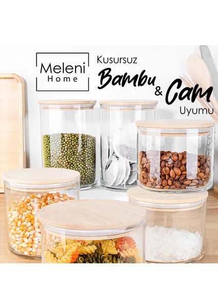 9'lu Bambu Kapaklı Cam Saklama Kabı Seti - Etiketli Vakum Kapak Bakliyat Kavanozu 3X(535-680-1050)ML