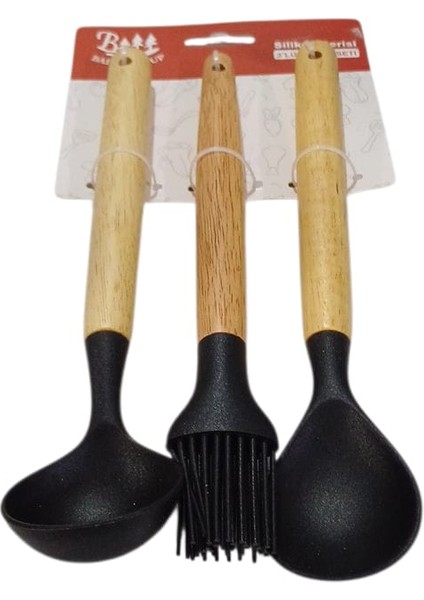 Bambu Saplı 3'lü Mutfak Seti Kaşık-Kepçe-Fırça 24 cm SMG016