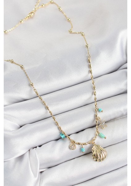 Pirinç Zirkon Taşlı Deniz Kabuğu Model Gold Renk Kadın Kolye fiyatları