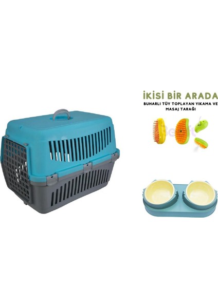 Mavi Kedi Köpek Taşıma Çantası ve Bakım Seti, Yıkama Fırçası, Mama ve Su Kabı