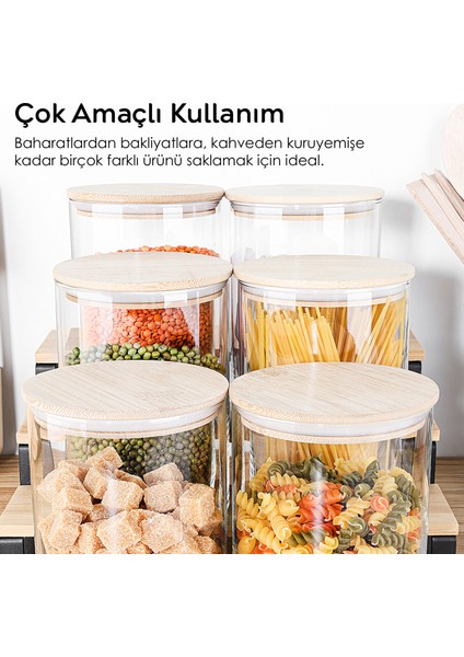 6'lı Bambu Kapak Cam Saklama Kabı - Etiketli Vakum Kapaklı Bakliyat Erzak Cam Kavanoz Seti 1050 ml fiyatları