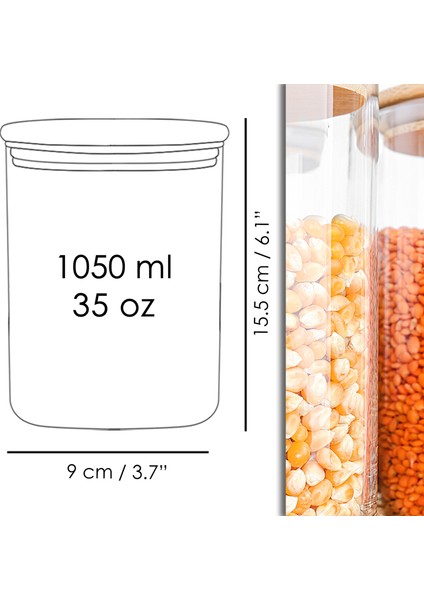 6'lı Bambu Kapak Cam Saklama Kabı - Etiketli Vakum Kapaklı Bakliyat Erzak Cam Kavanoz Seti 1050 ml