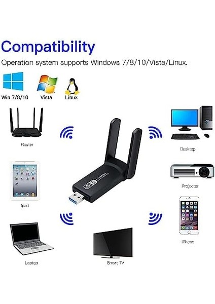 BN43 USB Wifi Kablosuz Ağ Adaptörü Wireless 1300MBPS Windows Macos Linux modelleri