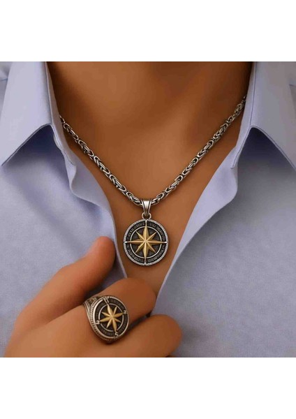4 Milim Kral Zincir Bileklik ve Pusula Kolye Ucu Kombini