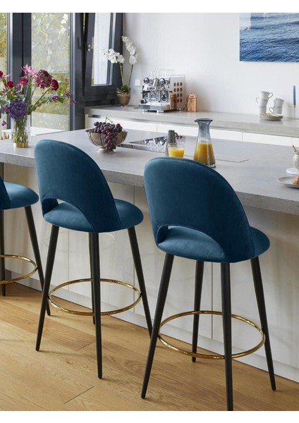 Rachel Kadife Bar Taburesi: Mavi, Retro Tarz, 100 cm Bar Tezgahları Için Ideal modelleri
