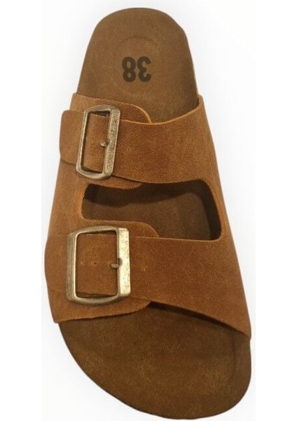 Kadın Çift Bant Nubuk Terlik Taba - 39 modelleri