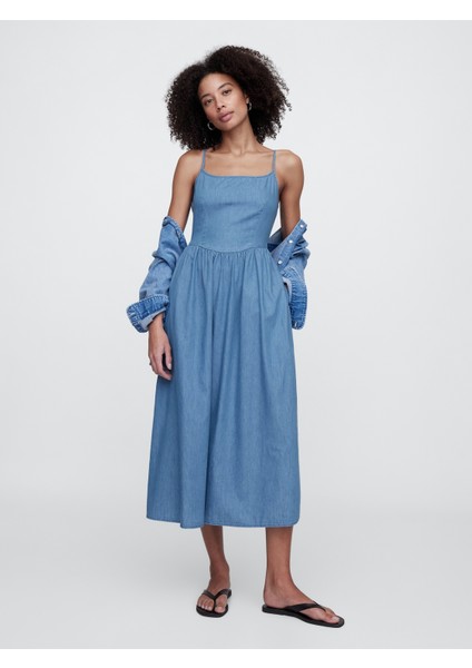 Kadın Denim Mavi Denim Maxi Elbise