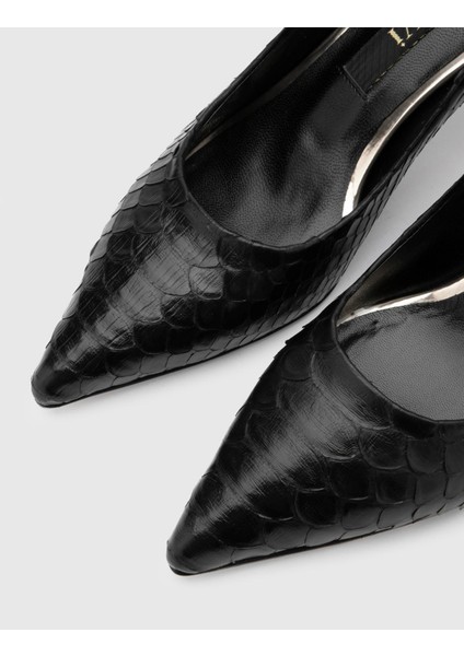 Sarh Hakiki Yılan Deri Kadın Siyah Topuklu Ayakkabı