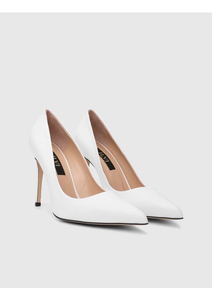 Linz Hakiki Deri Beyaz Kadın Stiletto