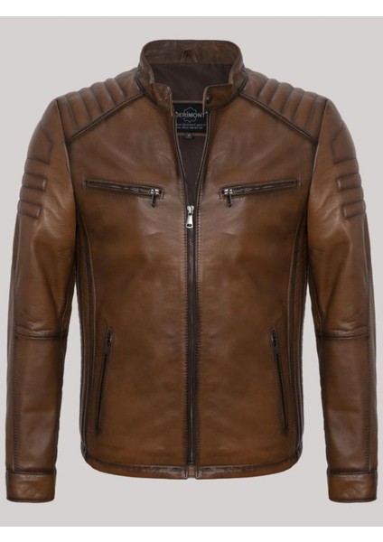 Hakiki Deri Kahverengi Omuz Kol Işlemeli Erkek Deri Ceket