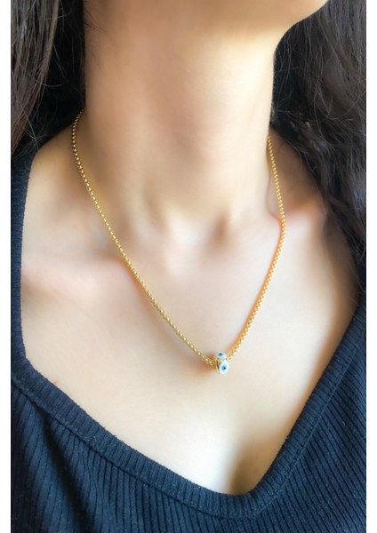 Kadın Kolye 14K Tek Beyaz Nazar Boncuk Kolye