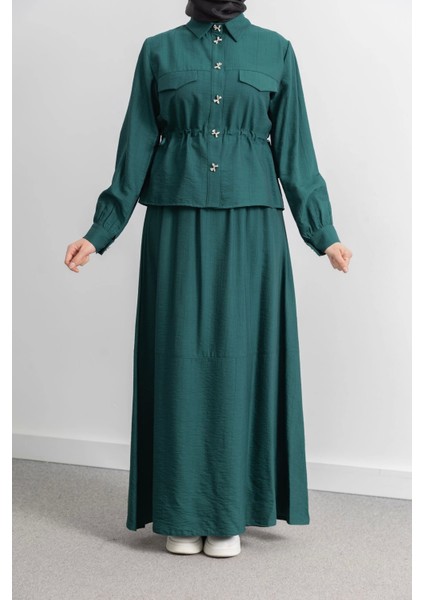 Bel Büzgü Detaylı Etek Takım - Zümrüt